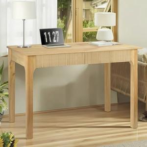 39.4'' Solid Wood Desk with 2 Drawers, Small Mid Century Modern Home Writing Office Wooden Desk , Vintage Computer Table with Storage for Living Room, Bedroom, Fluted Design (Natural, 39.4 Inch)