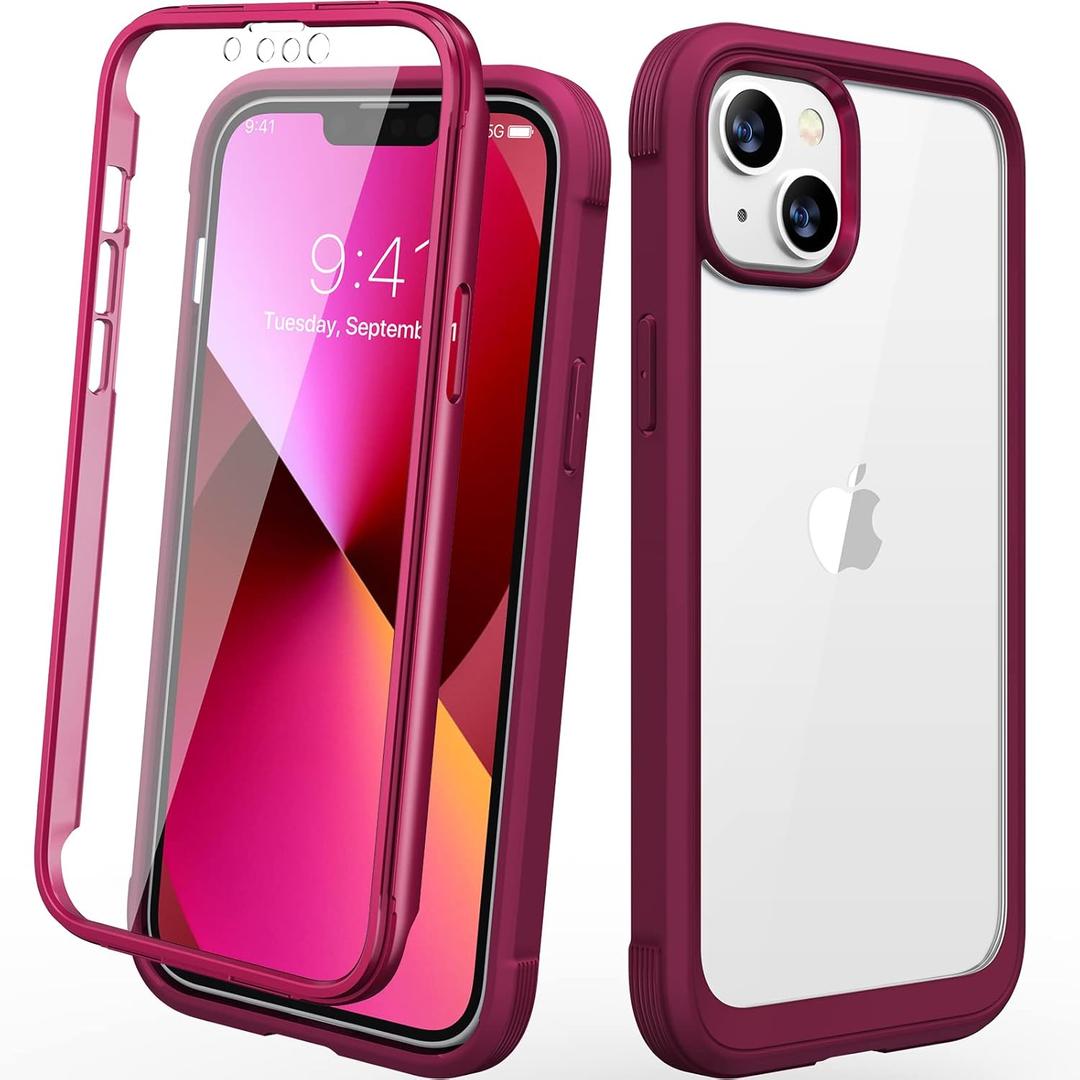 Diaclara Designed for iPhone 13 Case, Full Body Rugged Case with Built-in Touch Sensitive Anti-Scratch Screen Protector, Soft TPU Bumper Case for iPhone 13 6.1" (Wine Red and Clear)