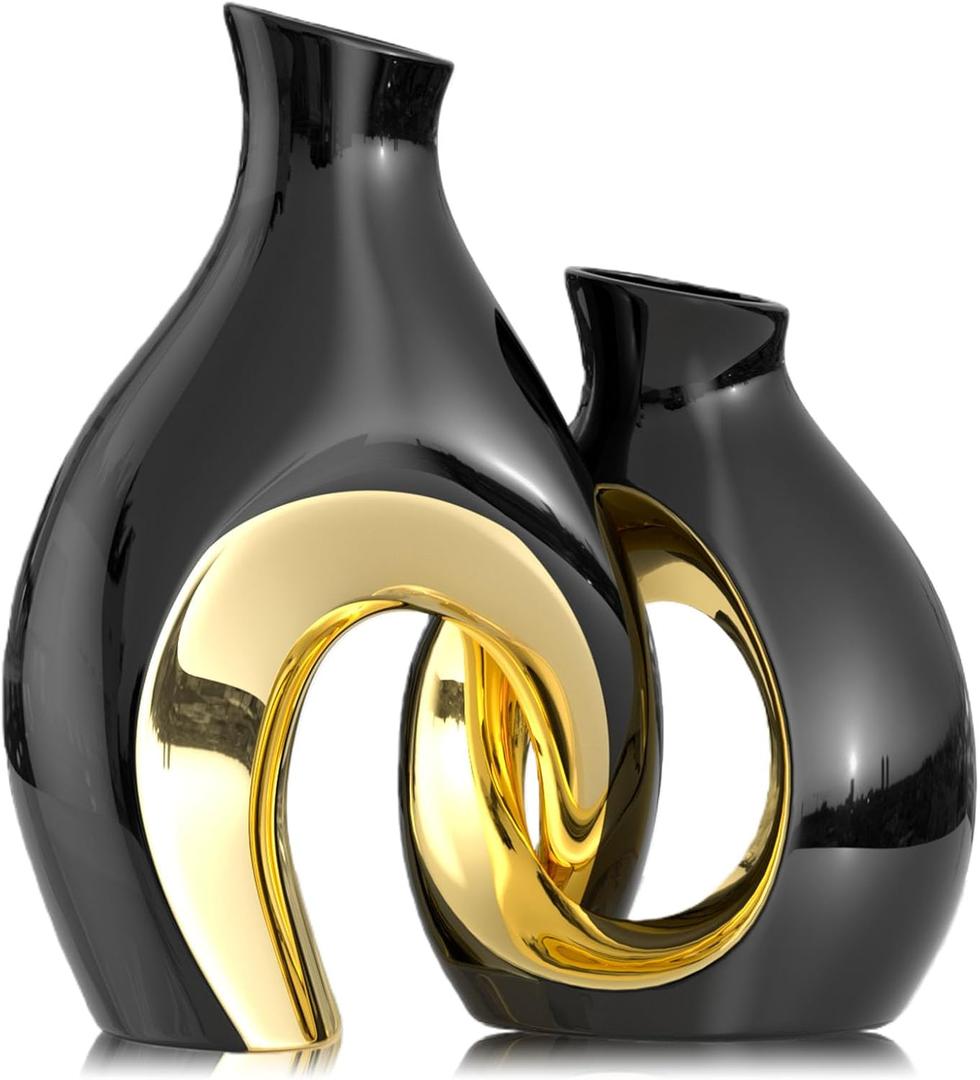 Hollow Ceramic Vase Set of 2,Nordic Modern Boho Decorative Ceramic Aesthetic Flower Vase for Home Decor,Minimalist Centerpiece Table Decorations,Wedding,Living Room,Bookshelf,Entryway (Black)