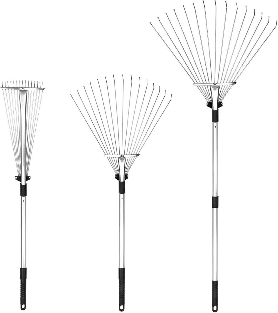 Buyplus Adjustable Garden Leaf Rake - 24 to 63 Inch Telescopic Metal Expandable Folding Leaves Rake, Metal Rake for Leaves, Yard Rakes for Lawn Yard, Flowers Beds, Black