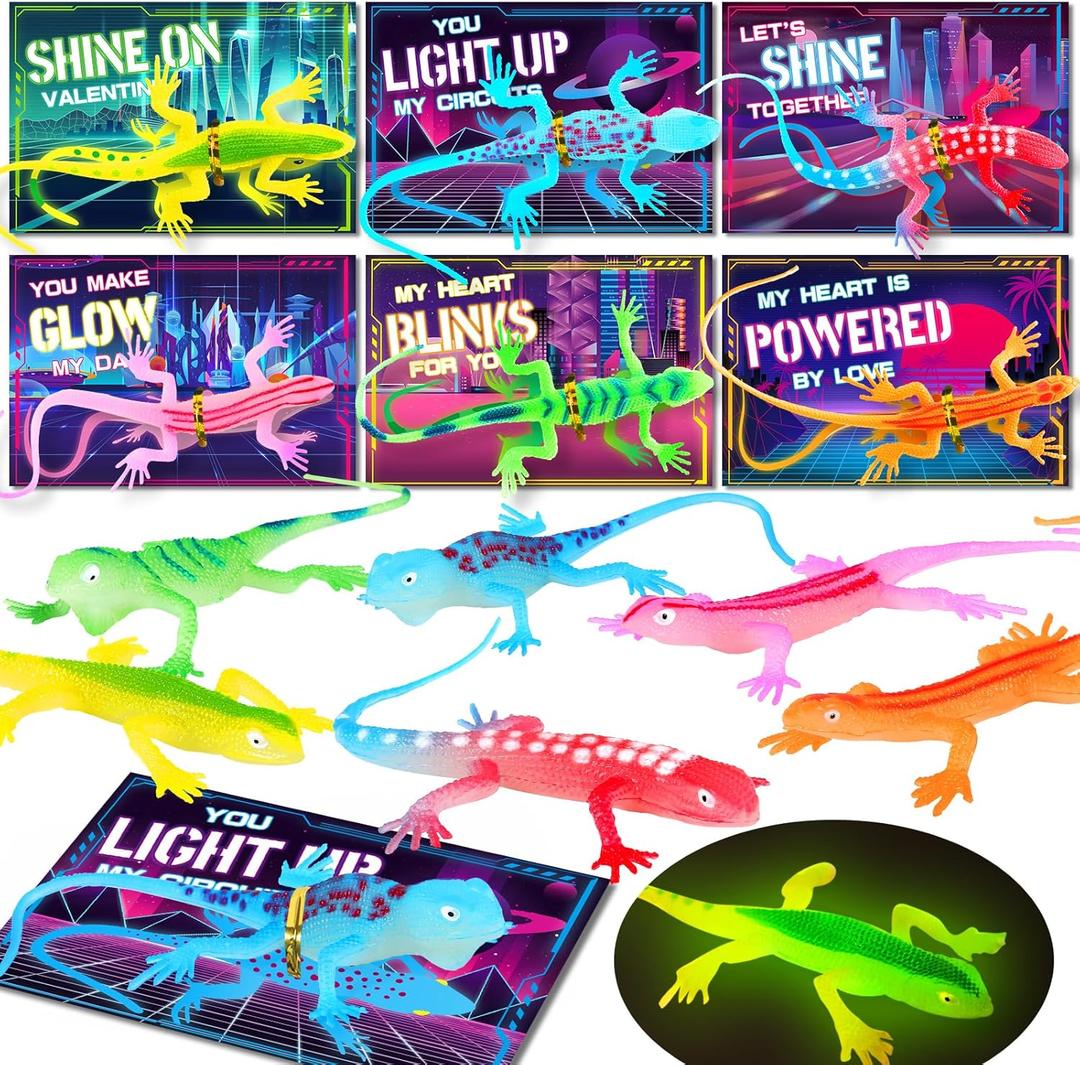 24 Pack Valentines Day Gifts for Kids, Valentines Cards for Kids Classroom with Glow in The Dark Lizards, Valentines Day Cards Exchange For Kid School Class, Valentine Party Favors for Boys Girls
