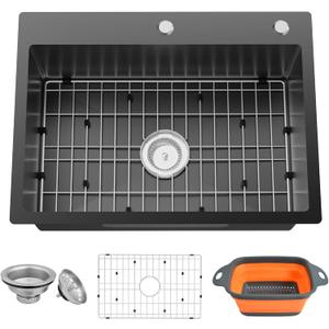 Black Kitchen Sink,25x18 Inch Kitchen Sink Stainless Steel Drop In Kitchen Sink Topmount Stylish and Modern Look Sink With Bottom Grid,Drain Basket And Drain Assembly Add Elegance & Enhance Usability