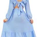 blibean Tween Girls Tie Back Dresses Embroidery Sleeve Size 6-15 Years (Blue, XL)