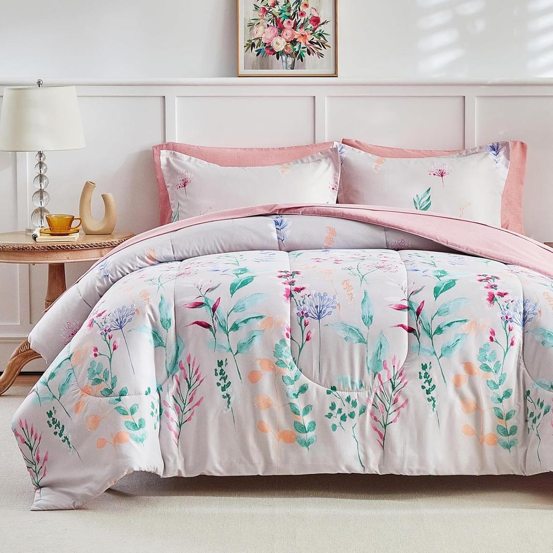 AIKASY 7-Piece Comforter Set Bed in a Bag, Queen Size, Floral Watercolor Pattern - Bedding Set with Comforter, Pillow Shams, Fitted Sheet, and Pillowcases - Soft and Cozy All-Season (Pink Floral) (Purple)