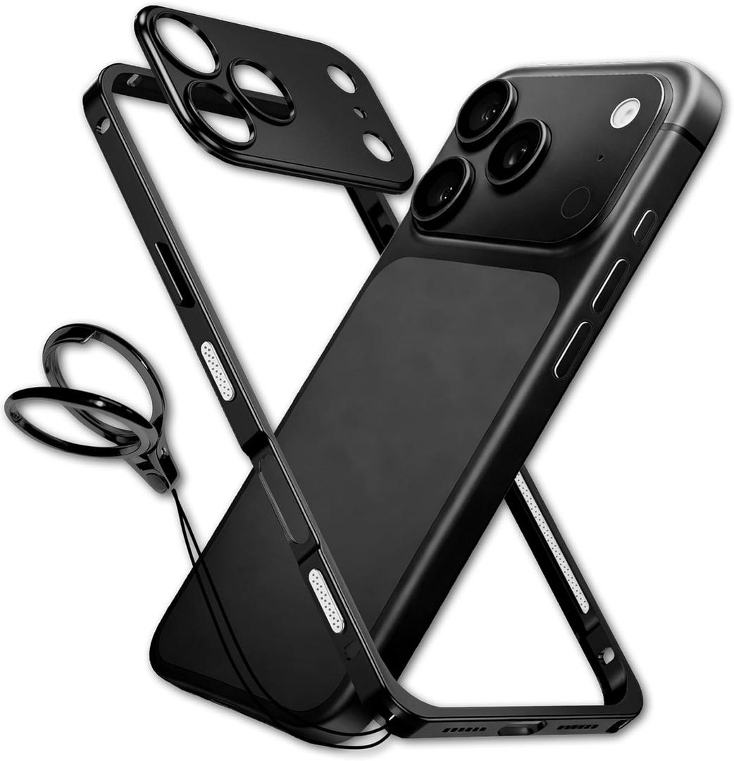 chubbycable ChubbyArmor LiteGo - Ultra-Thin Metal Heat Dissipation Evolved Case with Lens Protector & GripRing Phone Stand for iPhone 17 Pro, Black