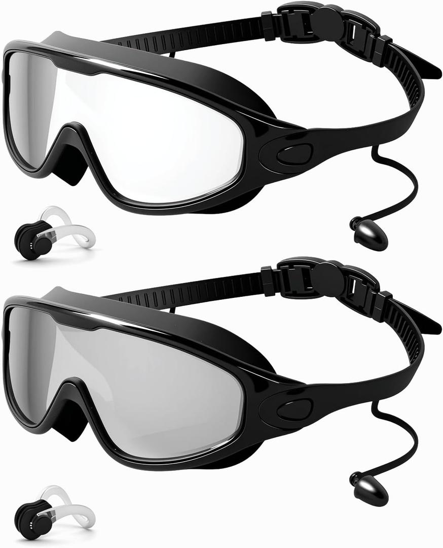 Rantizon Swim Goggles 2 Pack, Wide View Anti Fog&UV Swimming Goggles for Audlt, No Leaking Swim Glasses for Men Women Kids (Large for Adults, Transparent Black & Gray)