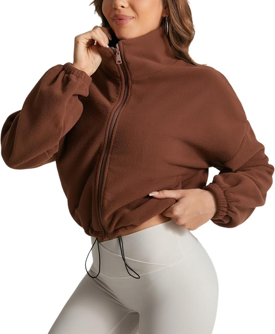 Fleece Winter Hiking Jacket for Women Cozy Fleece with Secure Side Pockets with 3F Zipper Long Sleeve Windproof Mid-Length（Coffee，S）