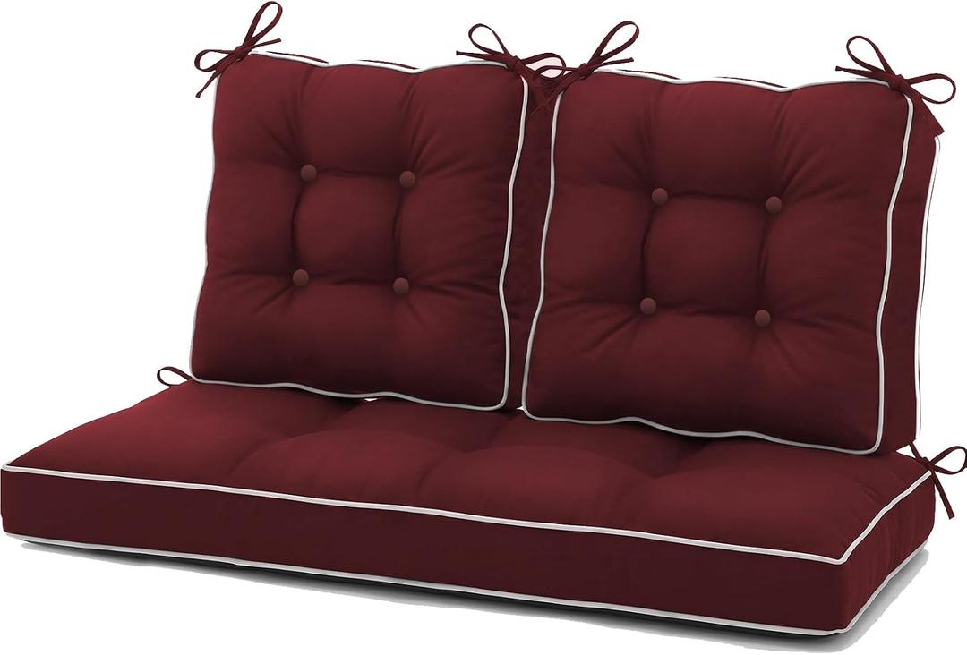 Waterproof Wicker Chair Cushions of 3 Pieces Piped Edges Premium Thick Cushions, All Weather Outdoor Loveseat Cushions for Patio Seat, 1 Loveseat and 2 U-Shaped Cushions, Red