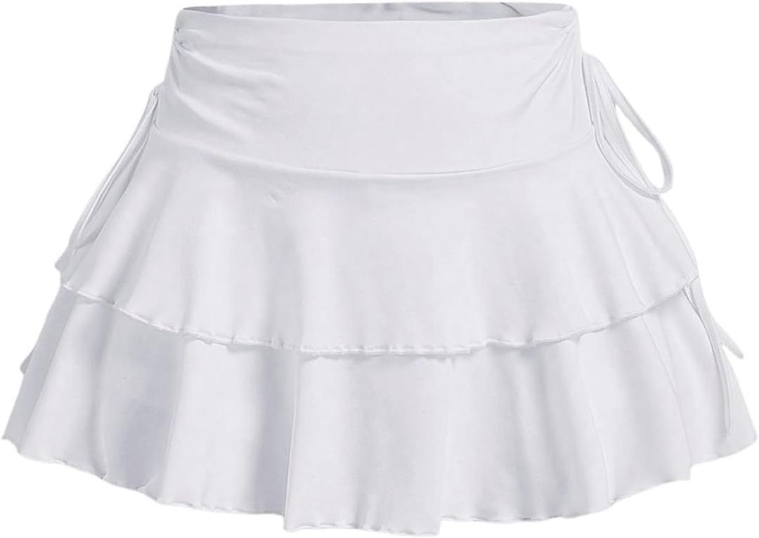 Women's Drawstring Bow Side Mini Skirts Tiered Layer Ruffle Elastic Waist Y2K Coquette Short Skirts (White, M)