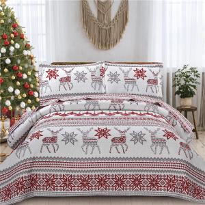 King Christmas Bedding Christmas Deer Bedding Sets Reindeer Quilt Holiday Christmas Bedspread Blanket Coverlet Comforter Set for Winter Snowflakes Lantern Pattern (96"x108") (Red White)