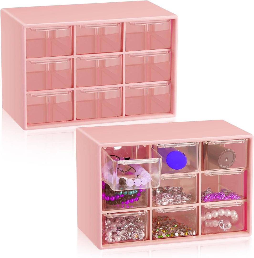 Wenqik 2 Pcs Mini Storage Drawers Teacher Toolbox Organizer with 9 Clear Drawers Small Plastic Desktop Teacher Desk Craft Organizer for Classroom Office 7" x 3. 9" x 4. 7"(Pink)