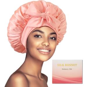 100% Mulberry Silk Bonnet for Sleeping Women, Real Silk Bonnets with Tie Band, Double-Layer Sleep Cap for Braids Curly Hair (Pink)