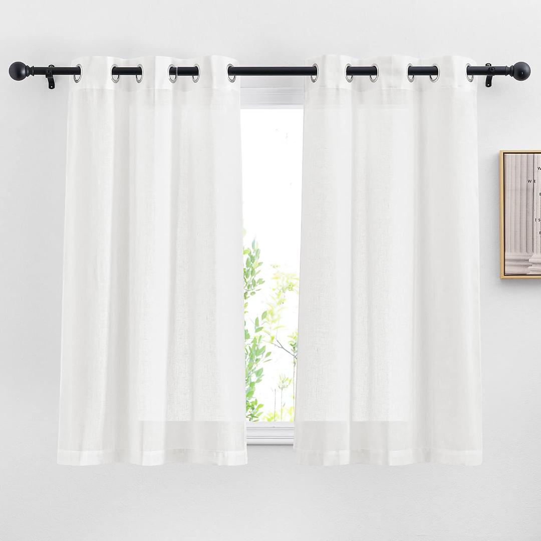 NICETOWN White Sheer Kitchen Curtains 30 inch Long, Grommet Semi Sheer Linen Blend Short Window Treatments Causal & Rustic Privacy Cafe Curtains, W29 x L30, 2 Panels