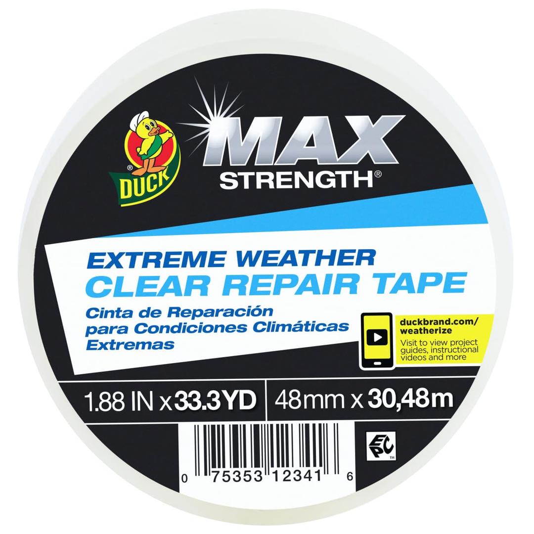 Duck Brand All Weather Indoor/Outdoor Repair Tape, Weatherproofing, Clear & UV Resistant, 1.88-Inch x 33.3-Yards, Single Roll, 281230