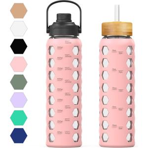 MUKOKO 32oz Glass Water Bottles with 2 Lids-Handle Spout Lid&Bamboo Straw Lid, Motivational Water Tumbler with Time Marker Reminder and Silicone Sleeve, Leakproof-Pink-1 Pack