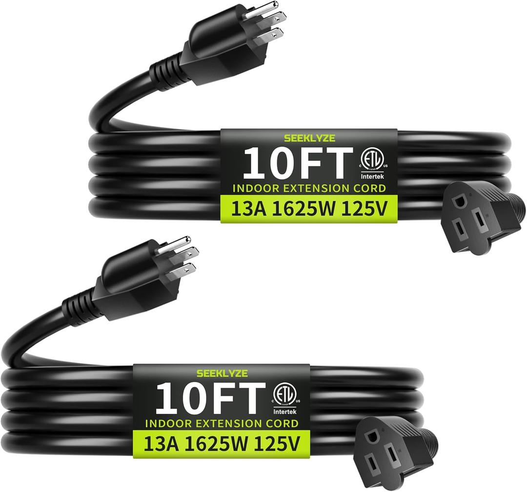 10 FT (2Pack) 13A 1625W 16/3 Black Extension Cord, Indoor Extension Cord for Laptops, Coffee Makers, Office Home Appliances, 3 Prong Resistant Cable Flexible, 125V ETL Listed