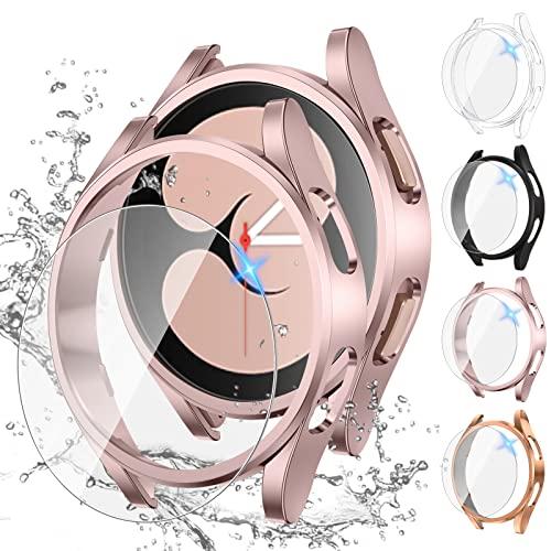 Tensea [4+4Pack for Samsung Galaxy Watch FE 2024/5 2022/4 2021 Screen Protector Case 40mm Accessories, Hard PC Bumper/HD Anti-Fog Tempered Glass Protective Film, Face Cover Set