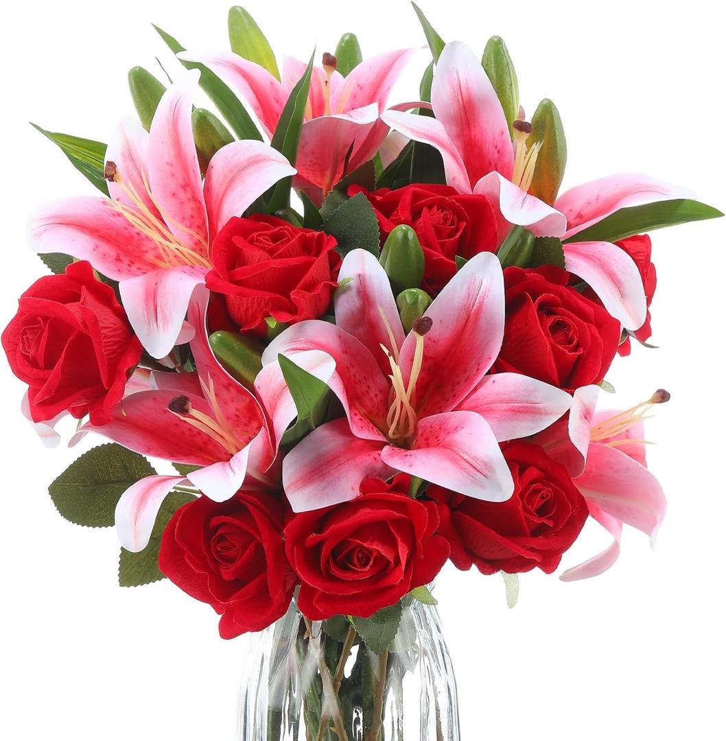 Hotop 20 Pcs Artificial Flowers Velvet Realistic Roses and Latex Lilies Flowers Bouquet Decorations Arrangements for Home Table Centerpieces Wedding Decor(Pink, Red)