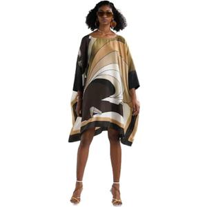 Varni Jewel Full Lengthed Printed Softy Silk Modest Wear Kaftan for Women,Beach Dress,Maxi Dress,Caftan, Birthday,Crew Neck Style,Regular Kaftan (Brown and Black)