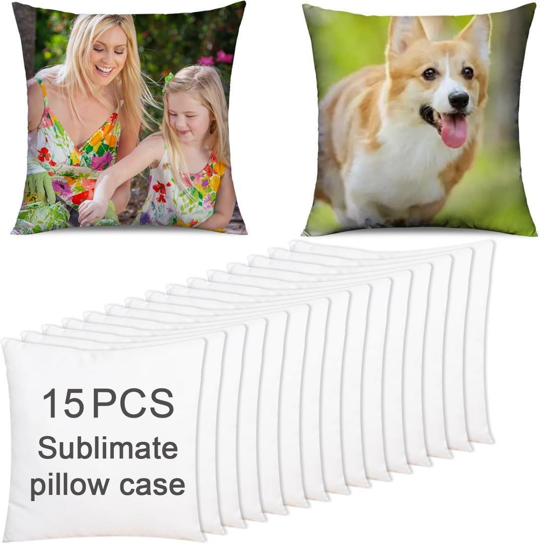 OKBA 15 pcs Sublimation Blanks Pillow Cases 16"x 16" White Cushion Covers Glossy Satin Pillow Covers Heat Transfer DIY Custom Picture