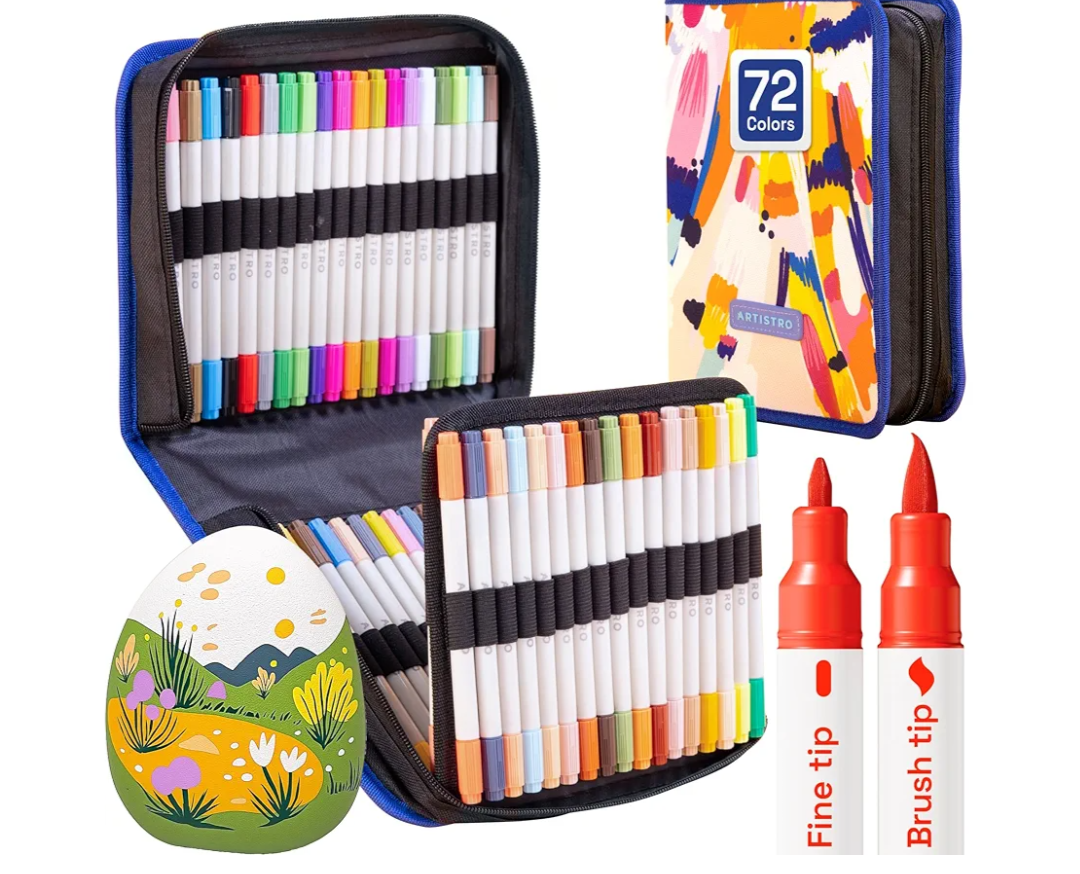 ARTISTRO Dual Tip Acrylic Paint Markers - Artists Drawing Set Easy for All Ages & Levels Acrylic Paint Pens for Fabric, Rocks, Paper, Wood, Canvas, Glass, DIY (Dual Tip Brush + Fine, 72)