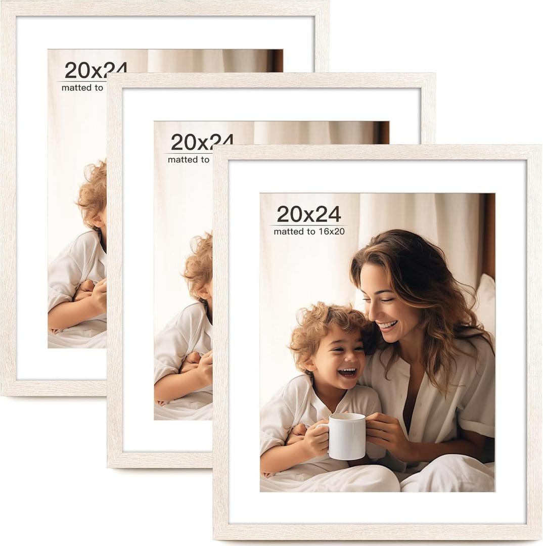 20x24 Picture Frame with Mat for 16x20 Set of 3, Distressed White Wood Grain 20x24 Frame for Horizontal & Vertical Wall Mounting (3 Pack,White)
