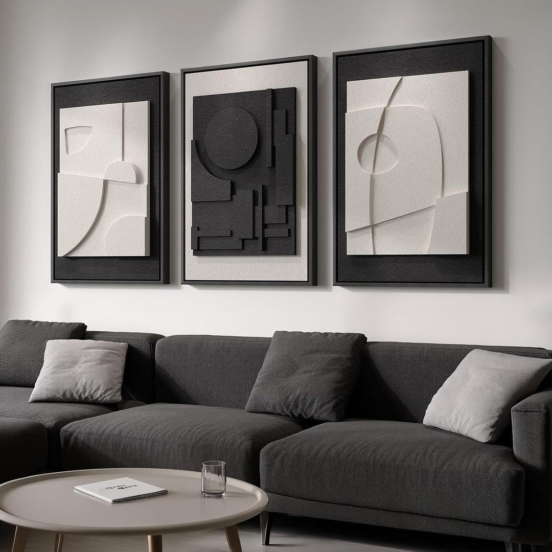 Large 3D Textured Framed Black and White Abstract Wall Art for Living Room, 3 Piece Modern Artwork for Walls, Black White Minimalist Geometric Paintings for Hallway Office Wall Decor 24x36 In, 24"w X 36"h X 3pcs
