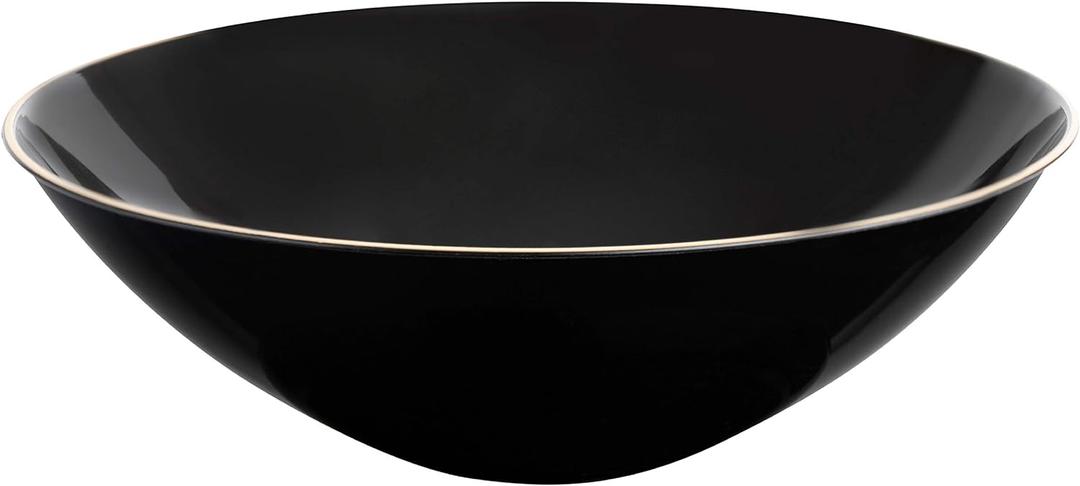 PLASTICPRO [16 OZ 40 Count] Black Plastic organic Party Soup bowls With Gold Rim Premium heavyweight Elegant Disposable Tableware Dishes