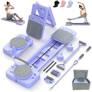 Pilates Reformer Board with 3 Adjustable Resistance, 60'' Foldable & Portable Pilates Machine for Home Use, Tool-Free Assembly, Includes Storage Box and 3 Yoga Socks (Purple)