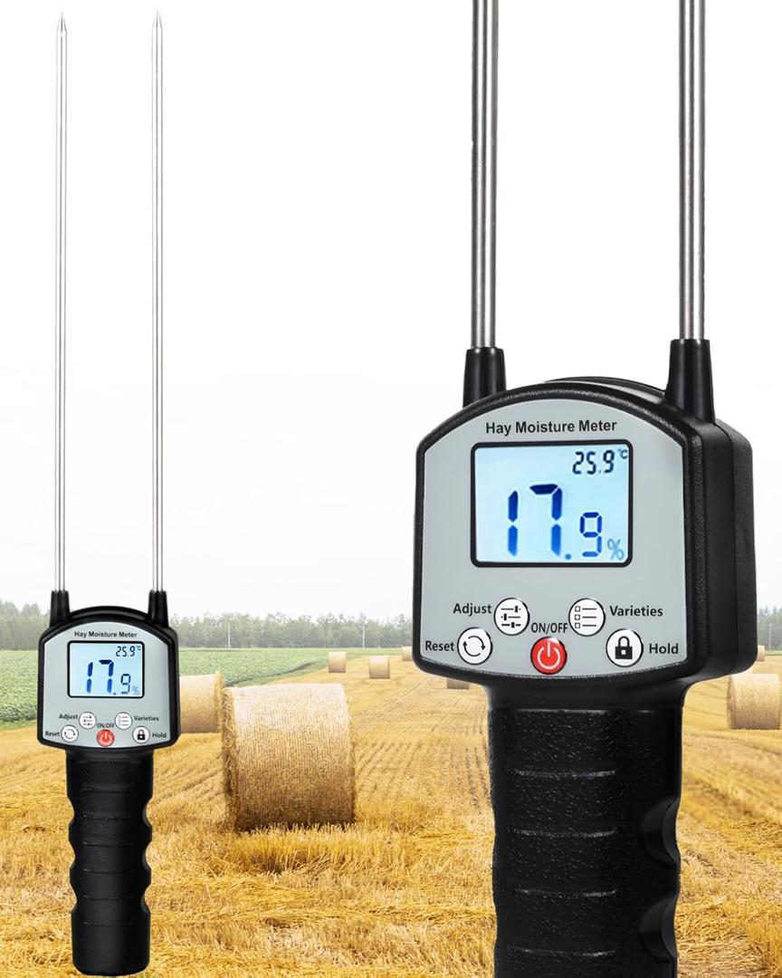 Hay Moisture Tester, Portable Hay Moisture Meter, Hay Bale Moisture Tester with Dual Probe, Forage Moisture Tester with Automatic Temperature Compensation for Alfalfa, Forage, Orchard Grass, Bales