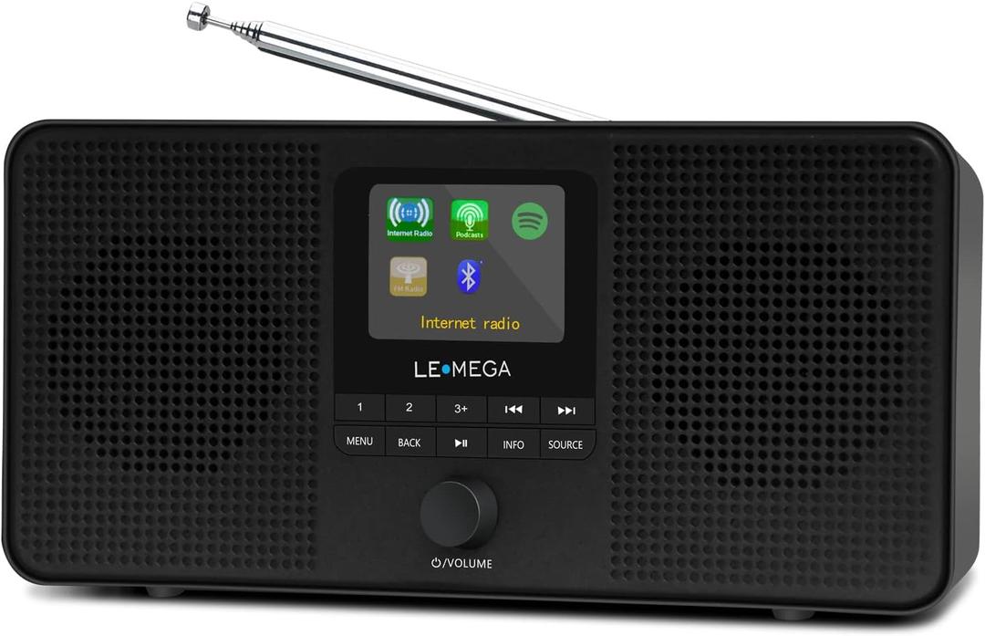 LEMEGA IR4S Stereo WiFi Internet Radio,FM Digital Radio, Spotify Connect, Bluetooth Speaker, Dual Alarms Clock, 40 Presets, Headphone-Output, Batteries or Mains Powered  Black Finish