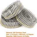kimllier 3600 Counts Coil Siding Nail Full Round Head Wire Collated Coil 15-Degree 1-1/4-Inch x .090-Inch Ring Shank 304 Stainless Steel
