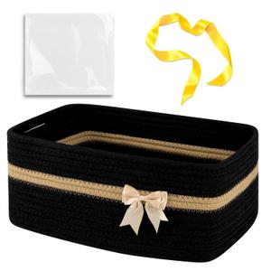 OIAHOMY Large Woven Storage Basket with Handles for Nursery Living Room Shelves, Bow Basket for Gifts Empty with Gift Bags and Ribbons for Baby Showers Pet Toy Bin - Black