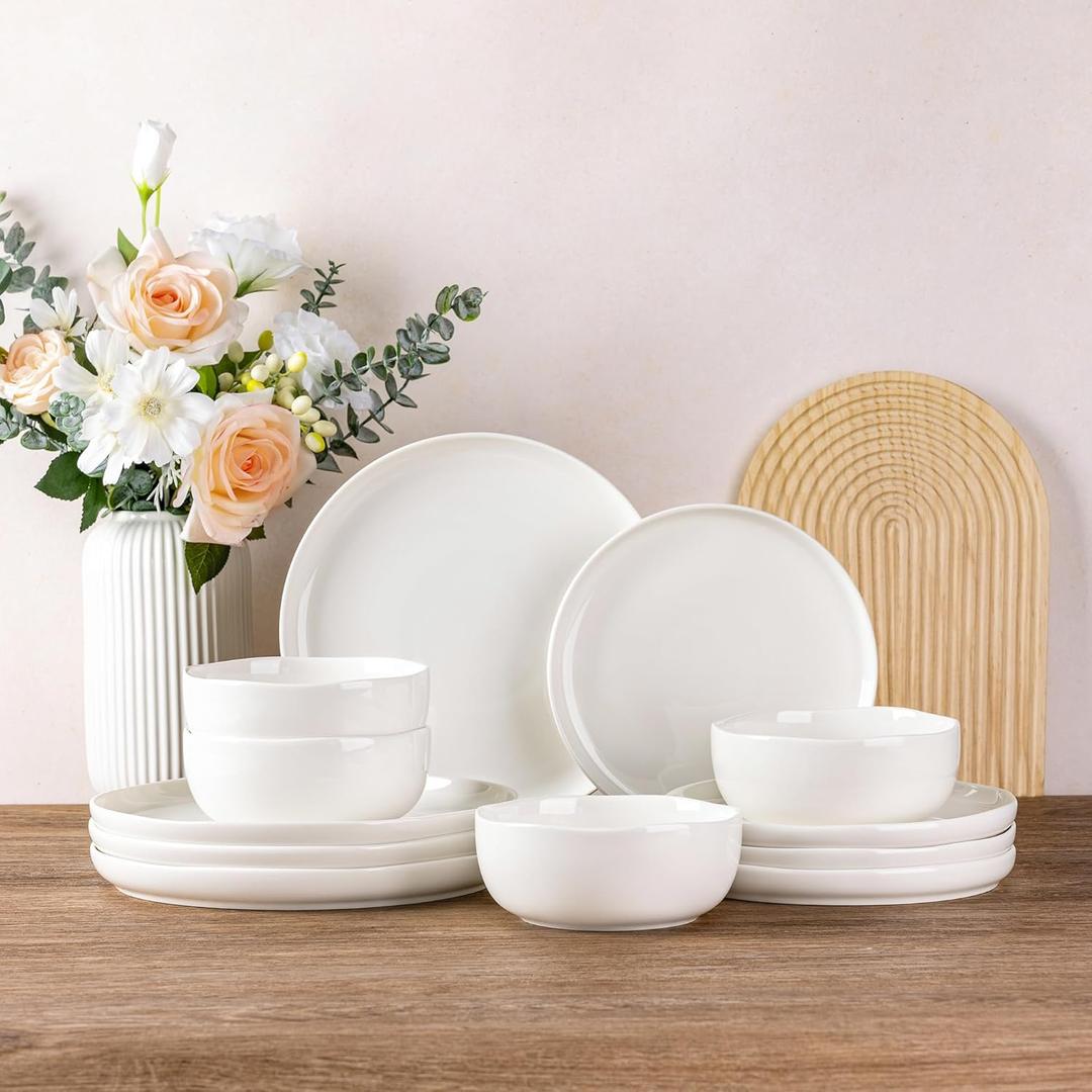 Ceramic Dinnerware Sets for 4,Handcraft Wavy Rim Stoneware Plates and Bowls Sets,Highly Chip and Crack Resistant | Dishwasher & Microwave & Oven Safe Dishes set,Service for 4 (12pc)-White &Wave (Dreamy Moonlight-Wave Pearl White)