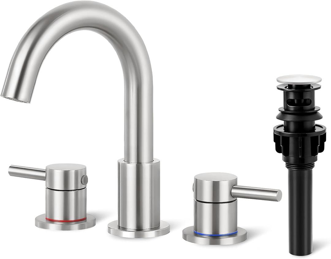 Bathroom Faucet 3 Hole, Brushed Nickel Bathroom Sink Faucet with Pop Up Drain, 8 inch Widespread Bathroom Faucet with 360 Swivel Spout, 2 Handle Vanity Faucet with Water Supply Hoses
