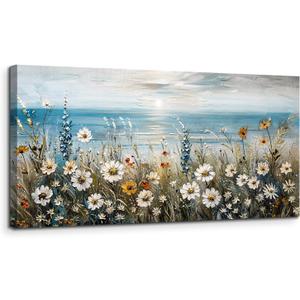 SERIMINO Coastal Landscape Wall Art Prints, Beach Daisy Large Canvas Prints, Wildflowers Paintings Modern Farmhouse Decor, Floral Pictures Wall Decor Living Room Dining Room Kitchen 20"X40"