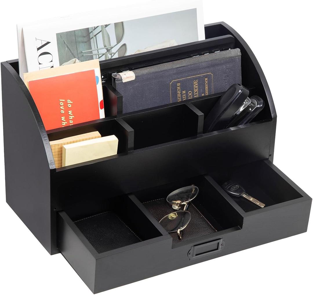 canwedance Distressed Rustic Wooden Office Desk Organizer 5 Compartment with 2 Drawer &Counter Desk Tabletop Desktop Mail Rack, Pens, Notebooks, Folders, Pencils and Office Supplie(black)