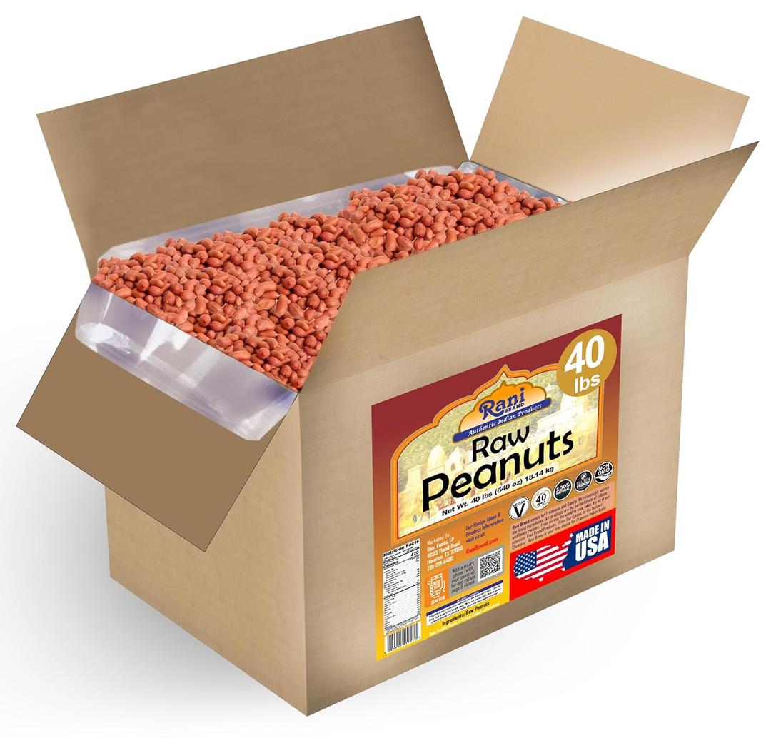 Rani Peanuts, Raw Whole With Skin (uncooked, unsalted) 40lbs (640oz) 18.14kg Bulk Box ~ All Natural | Vegan | Gluten Friendly | Fresh Product of USA ~ Spanish Grade Groundnut/Red-skin, Best By 07, 2026
