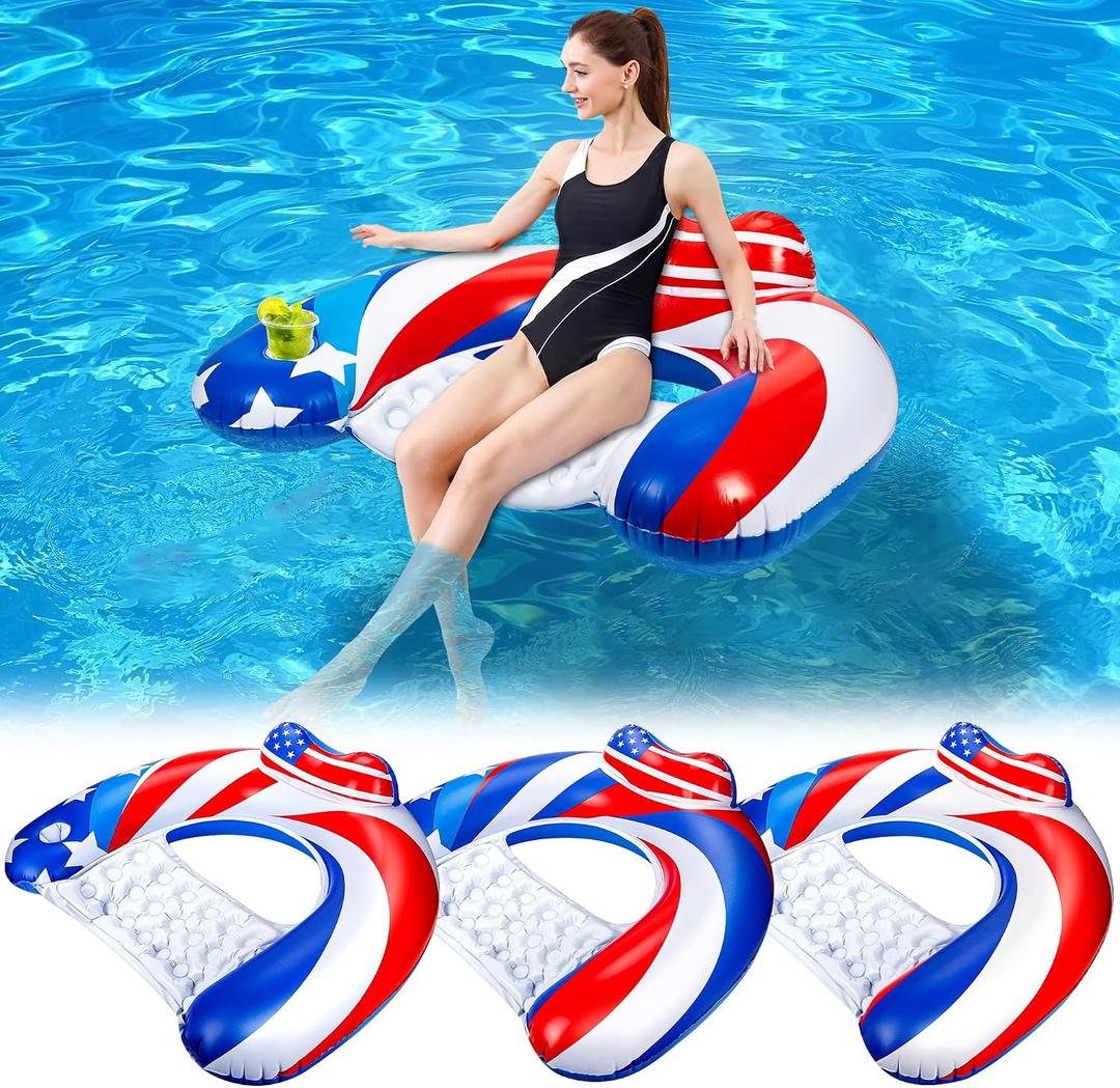 3 Pack Pool Floats Adult, SEETOHOME Inflatable Pool Float Chairs with Cup Holder, Pool Floaties for Adults, Lake Floats Perfect for Pool Lake River Beach Water Fun (Blue, Red, White, 3 Pack)
