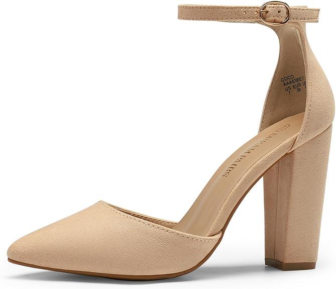 DREAM PAIRS Women's Coco High Heels Chunky Block Pumps Pointed Closed Toe Ankle Strap Dress Shoes (7.5, Nude)