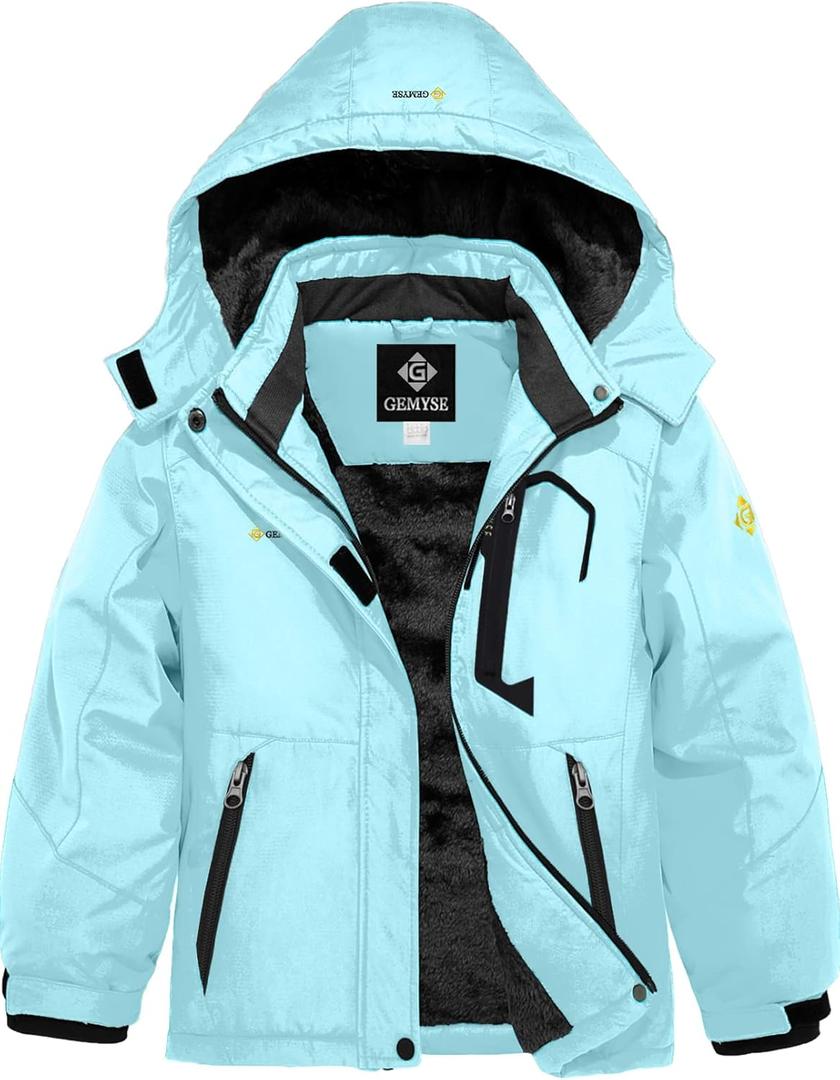 GEMYSE Girl's Waterproof Ski Snow Jacket Fleece Windproof Winter Jacket with Hood (6-7, Light Sky Blue)
