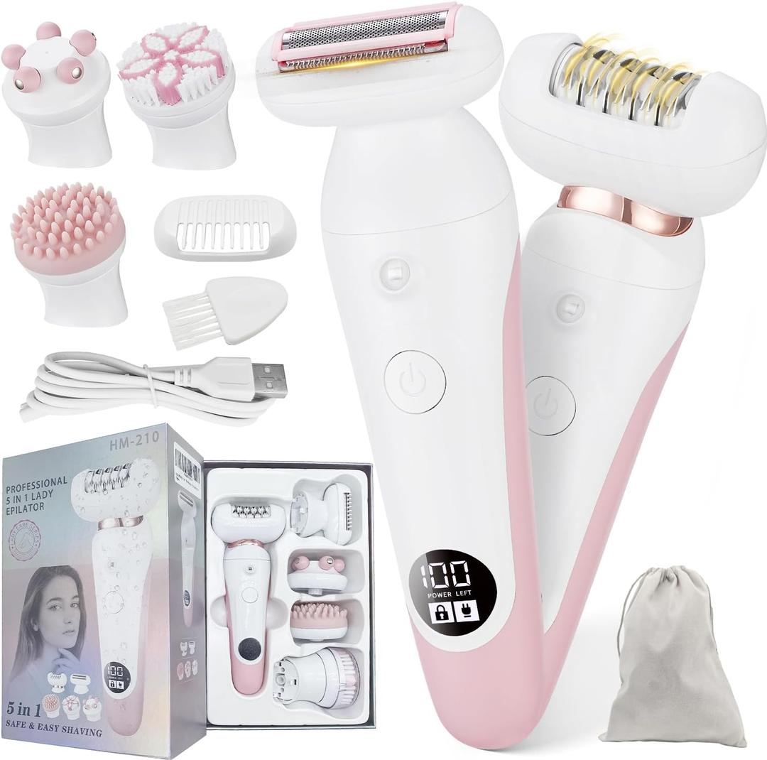 5 in 1 Electric Shaver for Women,Epilators Hair Removal for Women's Body, Electric Razor for Women Legs Public Area Bikini Trimmer, Face Scrubber, Facial Cleaning Brush Dry Wet Gift Set (Pink)