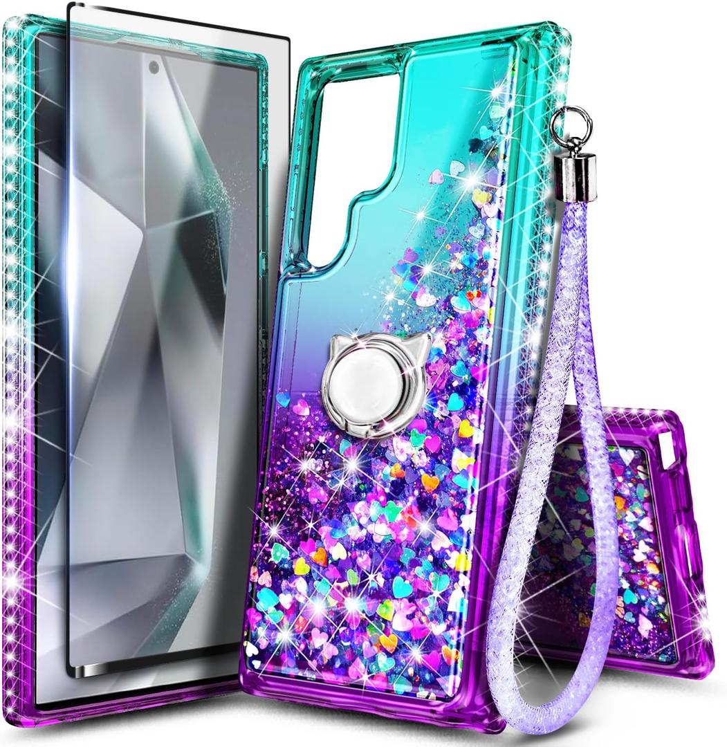 NGB Designed for Samsung Galaxy S22 Ultra Case, Aqua/Purple | Glitter Liquid Sparkle Cute Cover for Women Girls Kids | with Screen Protector & Ring Holder & Wrist Strap Lanyard