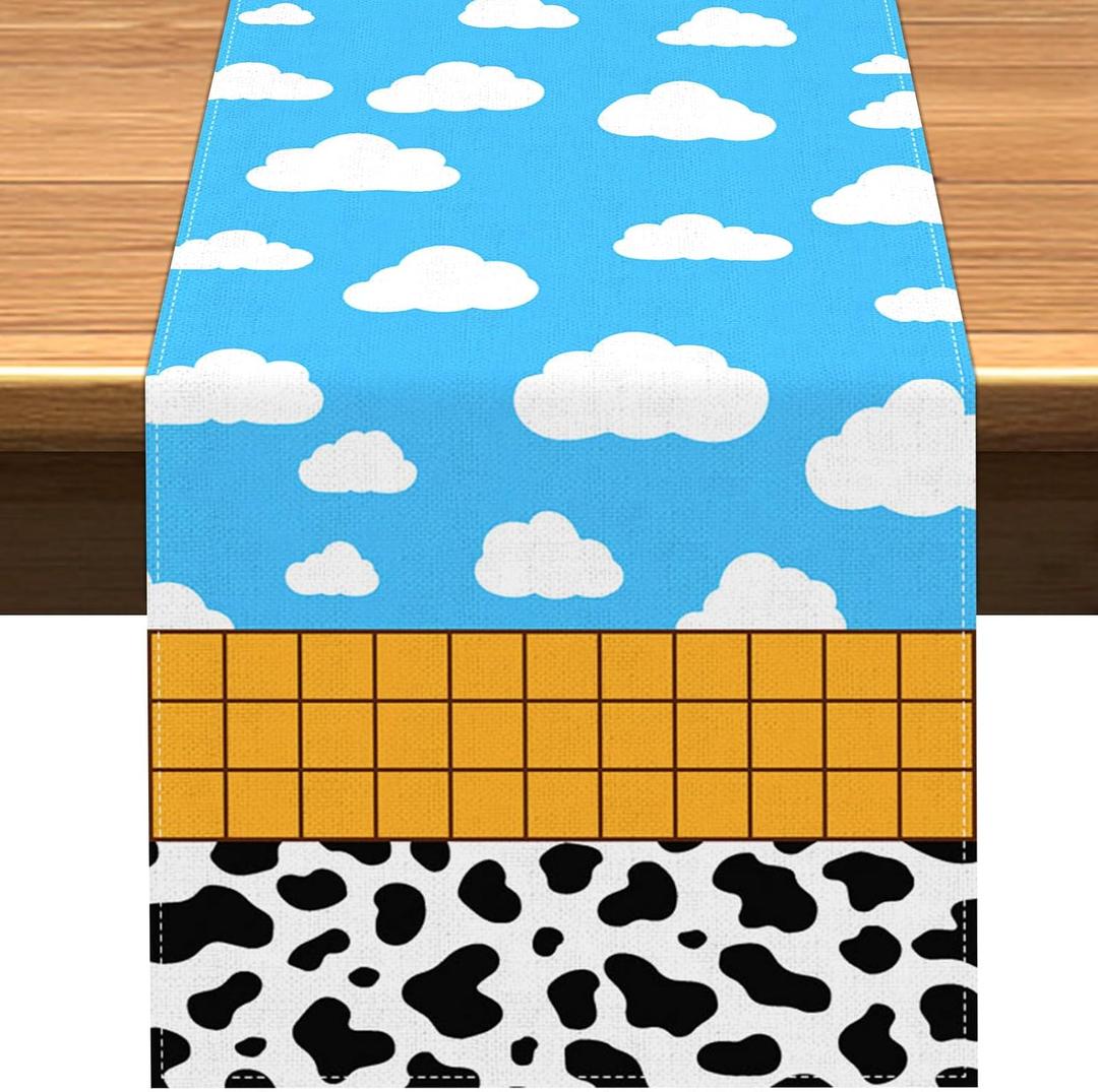 Vohado Cartoon Story Table Runner Cow Pattern Printed Check Birthday Party Decoration Blue Sky and White Cloud Dining Room Home Kitchen Island Decor