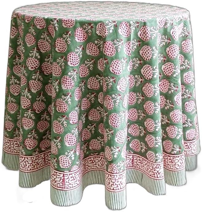 ATOSII Roma Green 100% Cotton Round Tablecloth, Handblock Print Floral Table Cloth for Kitchen Dining Linen I Parties, Weddings, Outdoors, Spring Summer Decor, 90" Inches Round