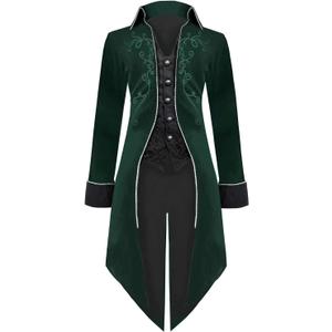 Medieval Steampunk Tailcoat Halloween Costumes for Men, Renaissance Pirate Vampire Gothic Jackets Vintage Warlock Frock Coat (XX-Large, Green)