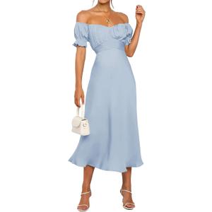 KIRUNDO Women's 2026 Spring Summer Satin Wedding Guest Midi Dress Off The Shoulder Wrap Party Cocktail Formal Prom Dresses, Large