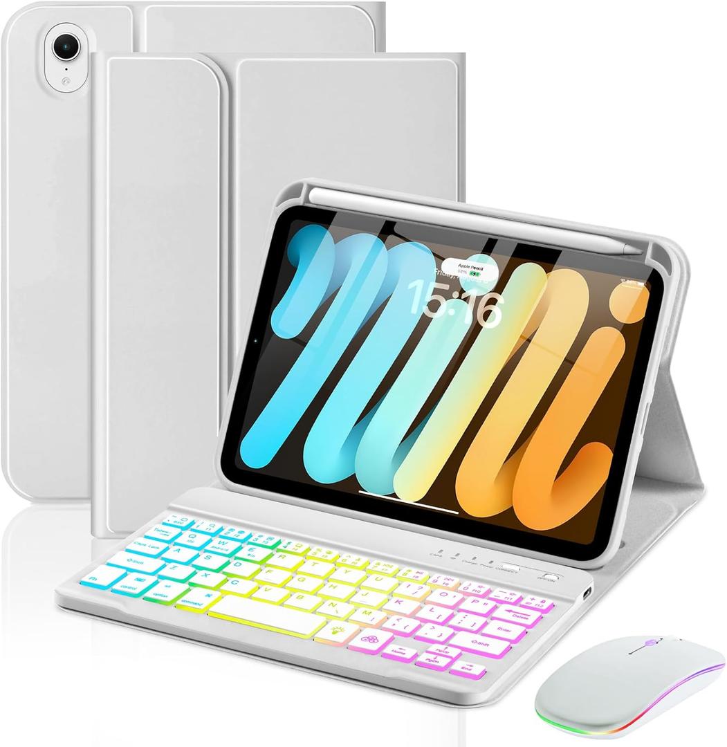 EAMPANG Case with Keyboard Mouse for iPad mini 7th(A17 Pro,2024)/6th Generation 8.3 inch,7 Color Rainbow Backlight Detachable USB-C Keyboard Magnetic Case with Pen Slot for iPad mini 6 7 Grey