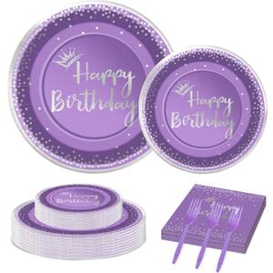 96 Pieces Purple and Silver Birthday Plates and Napkins Party Tableware Set with Happy Birthday Party Decorations,Paper Plates,Napkins and Forks for 24 Guests