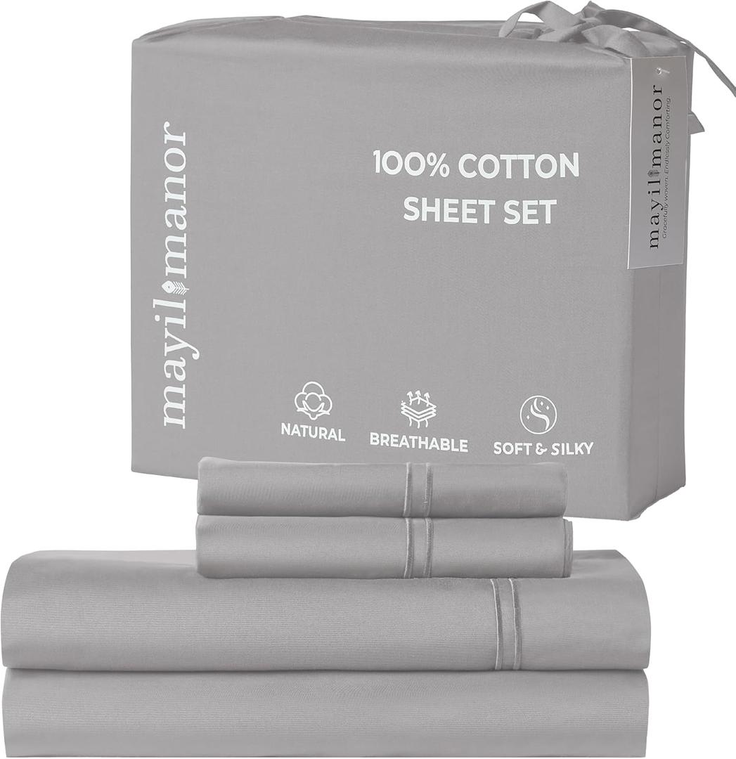 100% Natural Cotton Bed Sheets | 500 TC Single-Ply Sateen Weave King Size Sheets Set | Breathable & Hypoallergenic Solid 4-Piece Bedding with Deep Pocket Fitted, Flat, Pillowcase | Grey